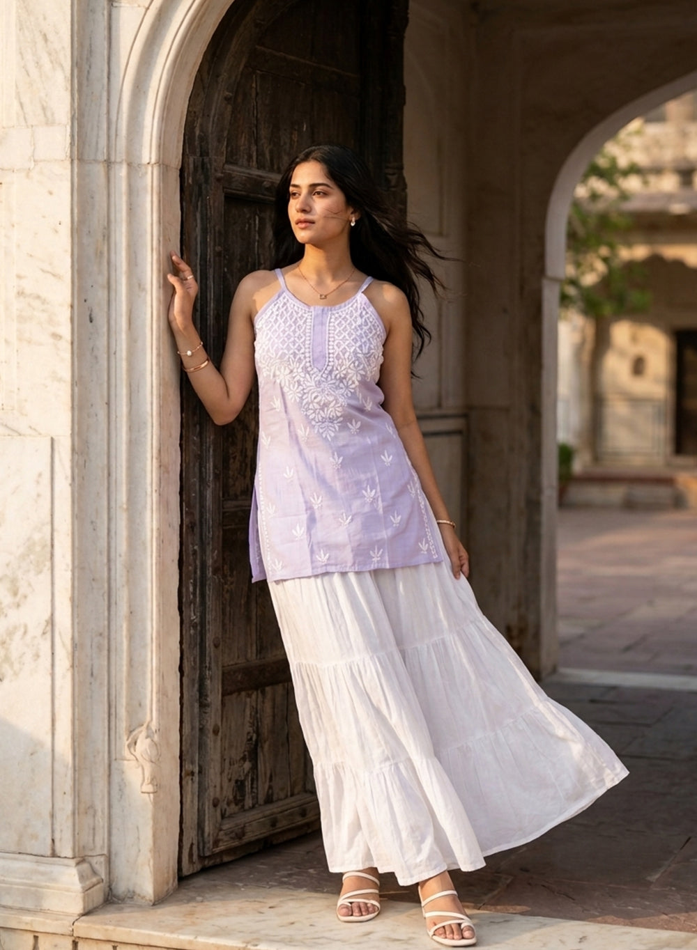 Zoya Lilac – Cotton Chikankari Noodle Strap Short Top