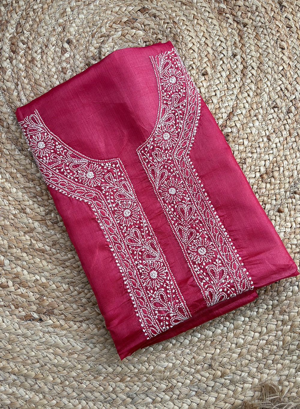 Cherry Red Unisex - Dhoop Kinaray Pure Tussar Silk Chikankari Kurta Fabric