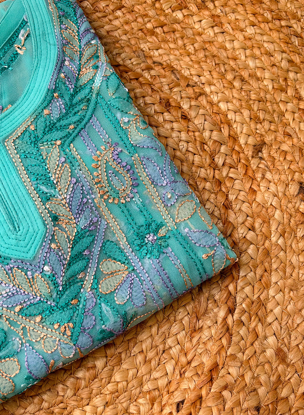 Turquoise Multicolored Thread - Gulzar Georgette Chikankari Short Top