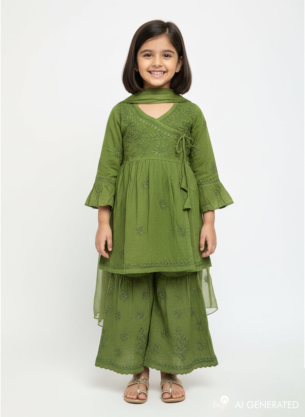Kuhu Olive Green - Dobby Cotton Angarakha Style Chikankari Kidswear Set