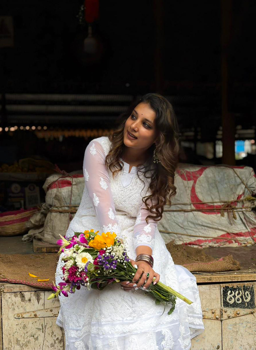 Esha White - Bahaar Georgette Chikankari A-line Kurta