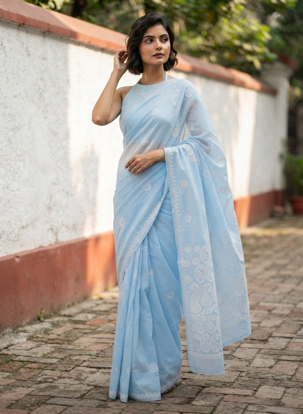 Sky Blue - Cotton Terry Voile Aks Chikankari Saree