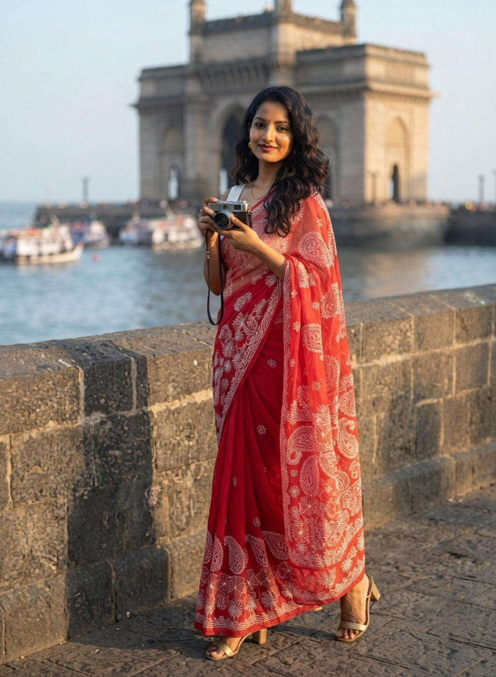 Red Mukaish - Aks Georgette Chikankari Saree