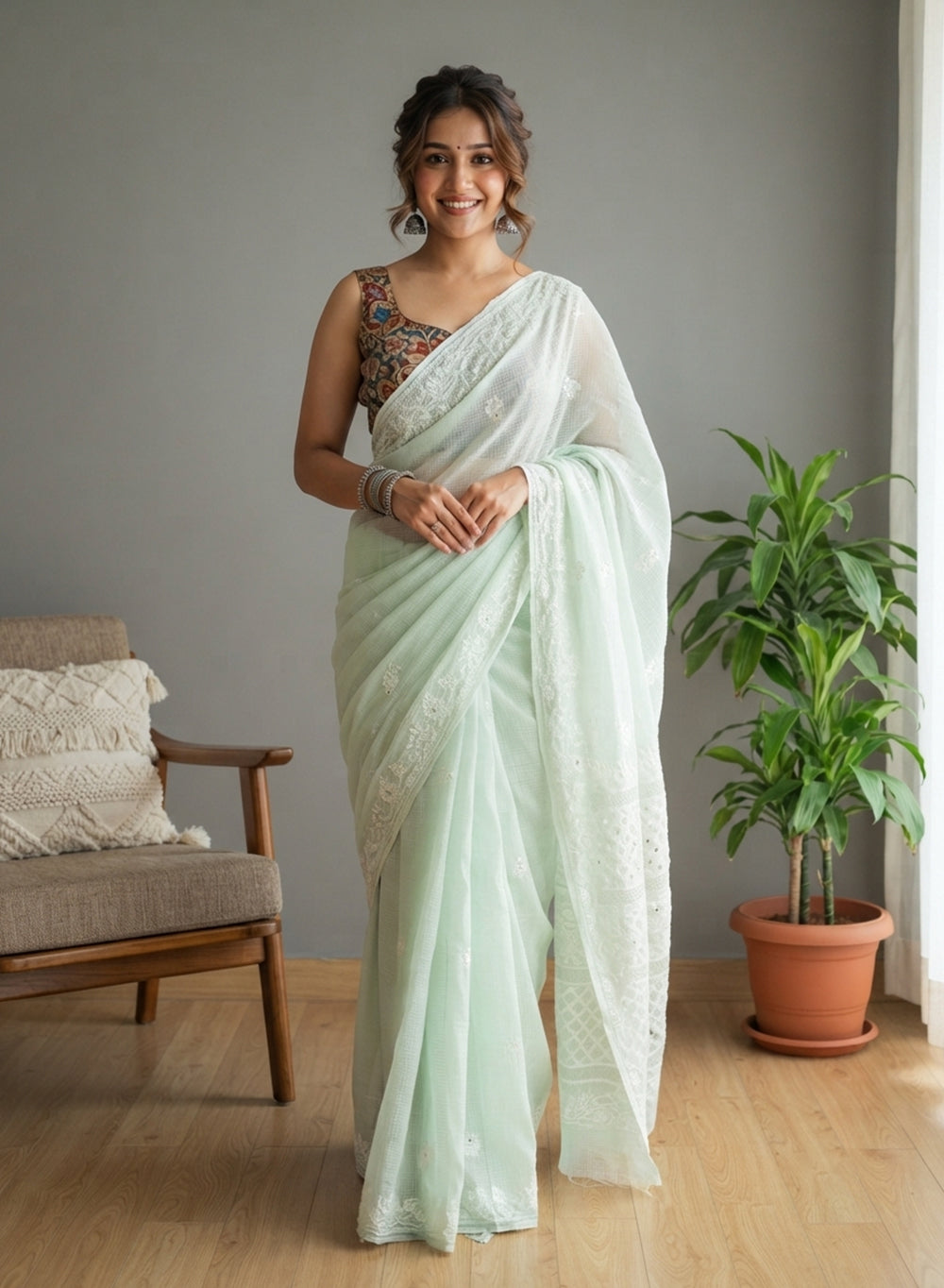 Sitara Pista Green - Aks Kota Mukaish Chikankari Saree With Mukaish Work