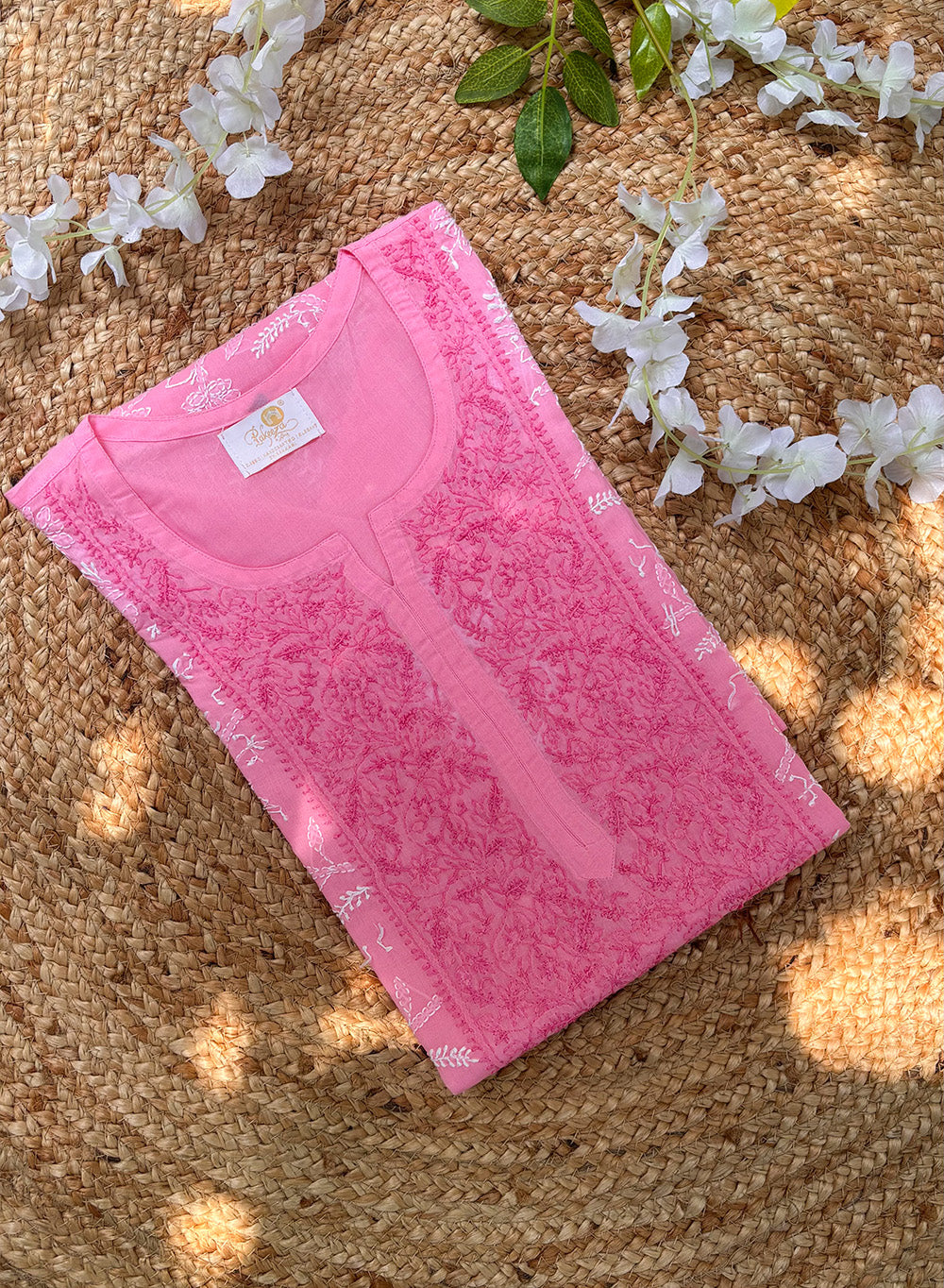 Pink - Cotton Terry Voile Bahaar Chikankari Kurta
