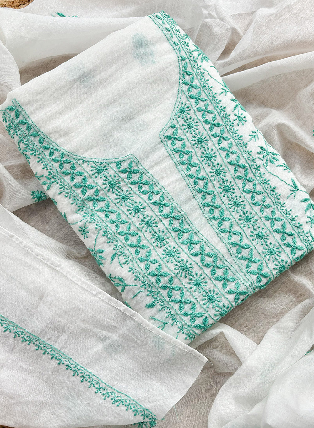 White & Turquoise - Nayaab Mul Chanderi Chikankari Kurta Fabric