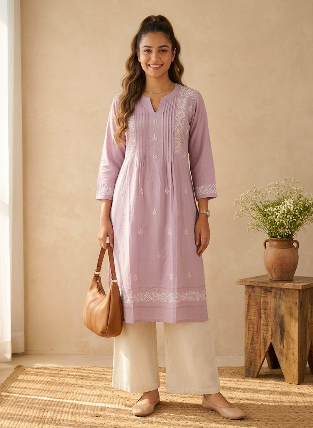 Lilac - Bahaar Pure Cotton Hand Embroidered Chikankari Kurta With White Thread Embroidery