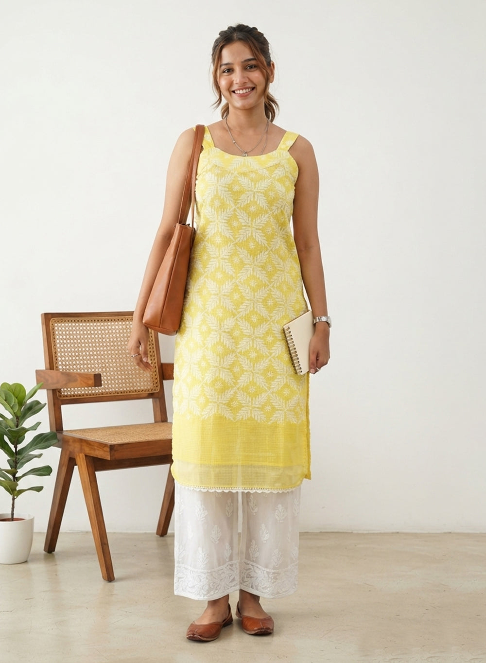 Surbhi Yellow - Kota Tepchi Bahaar Noodle Strap Chikankari Kurta
