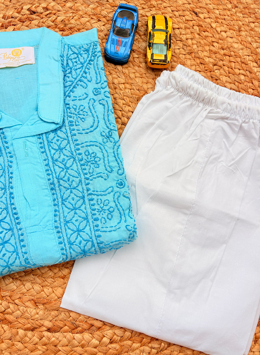Sky Blue Dual Shade Front Jaal - Cotton Chikankari Kurta With Self Thread Work & Pajama