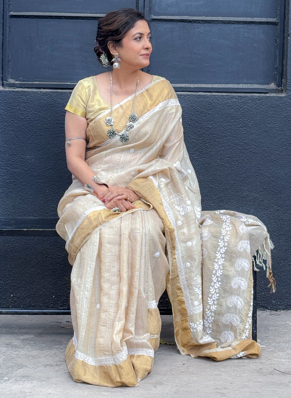 Amruta - Aks Resham Pure Raw Silk Chikankari Zari Border Saree