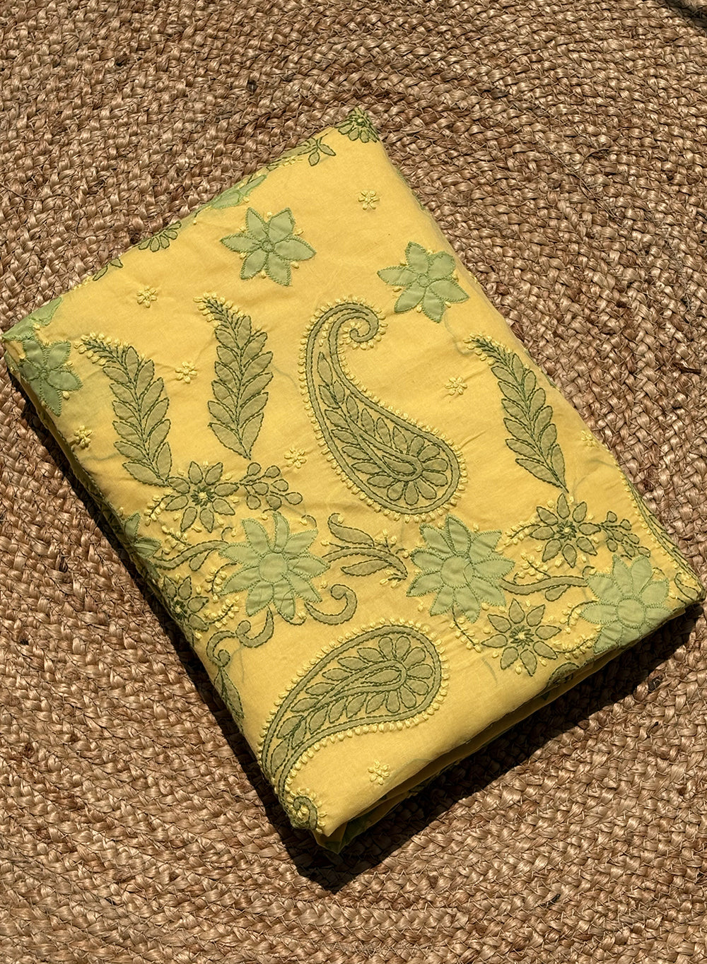 Yellow & Green Applique Work - Aks Cotton Terry Voile Chikankari Saree