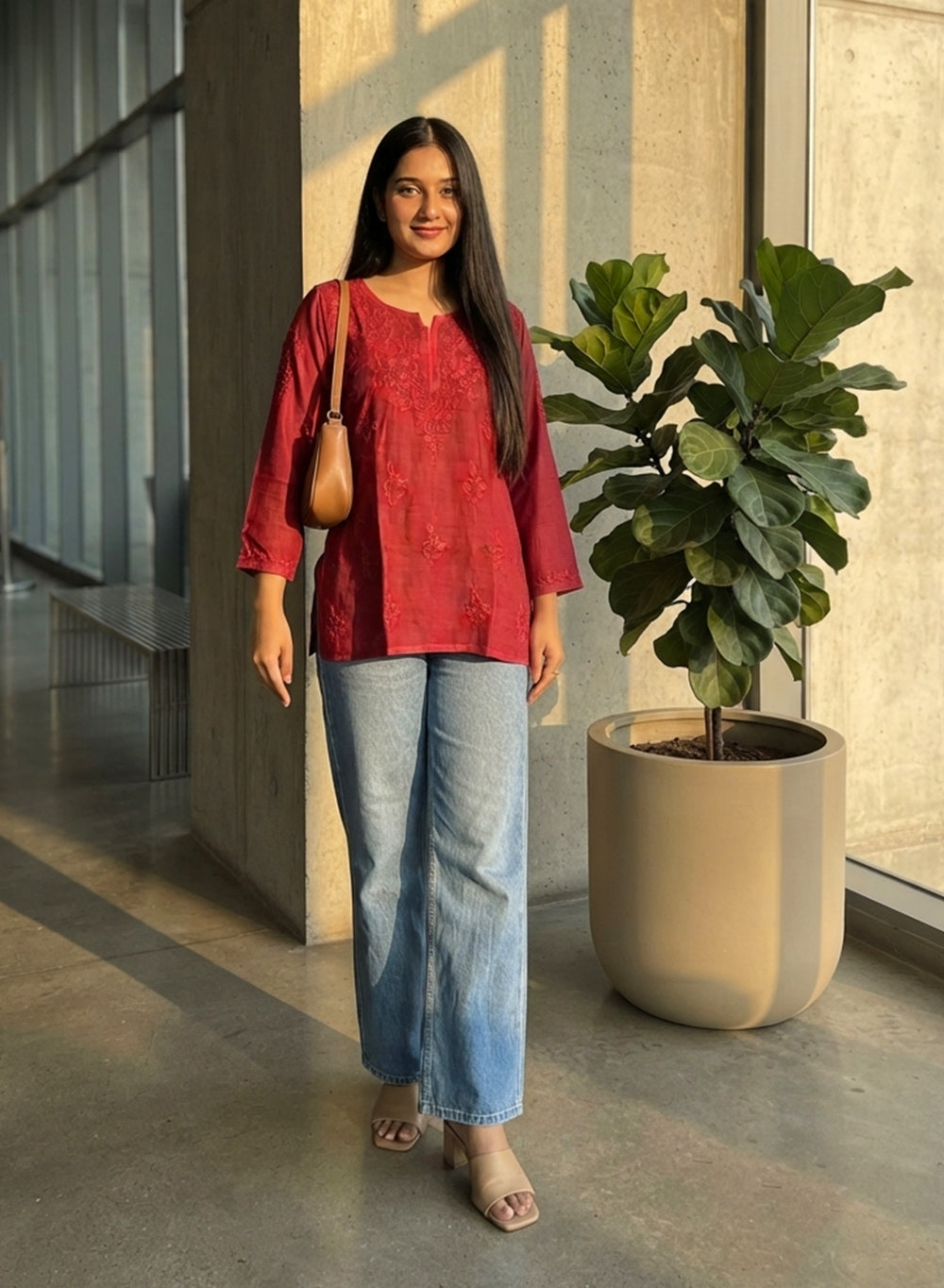 Alia Raspberry - Gulshan Muslin Chikankari Short Top