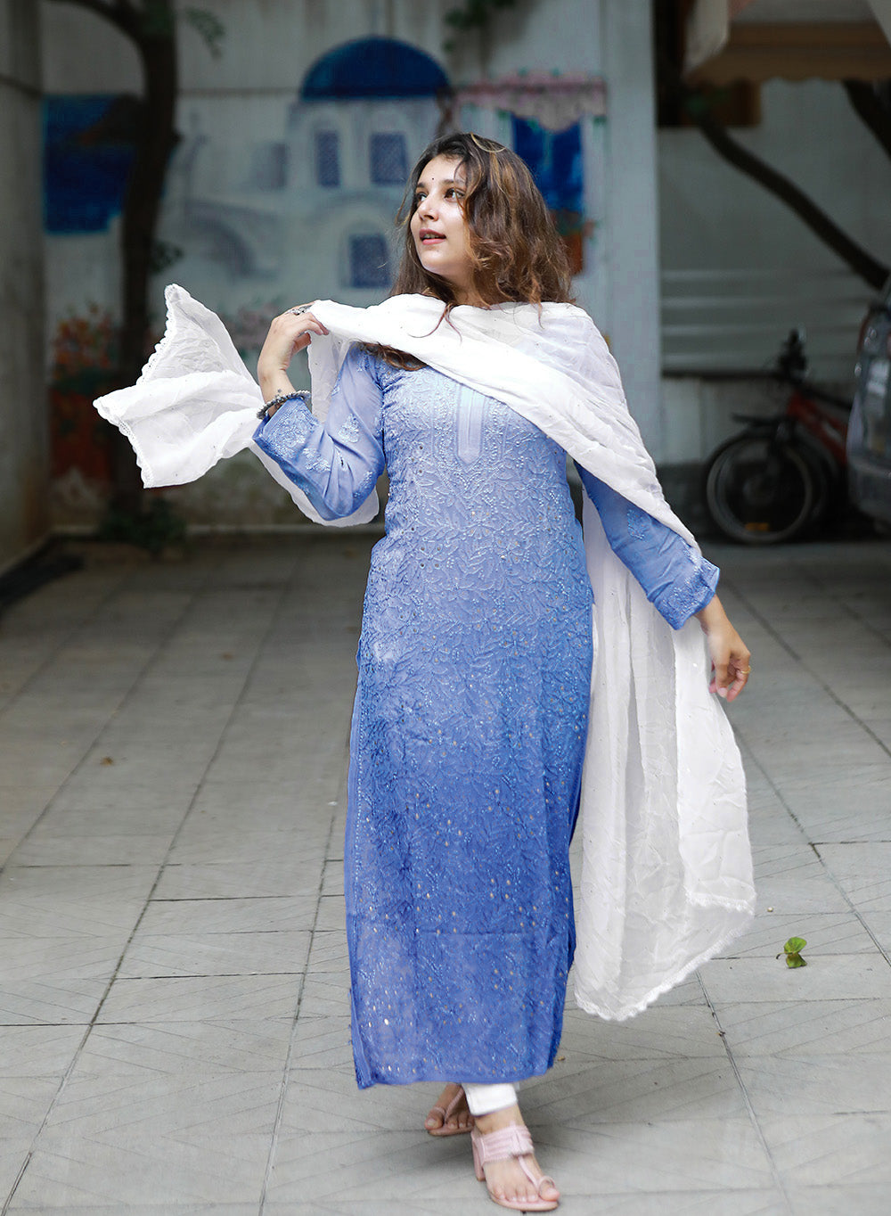 Nazakat Dark Blue - Anjuman Viscose Ombre Full Jaal Chikankari Kurta