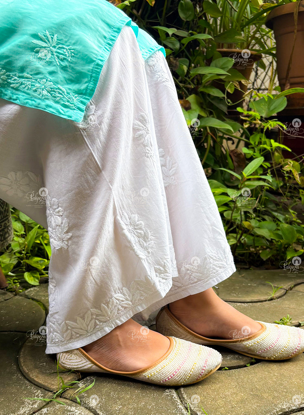 White Pure Cotton - Ta'abeer Chikankari Flared Palazzo