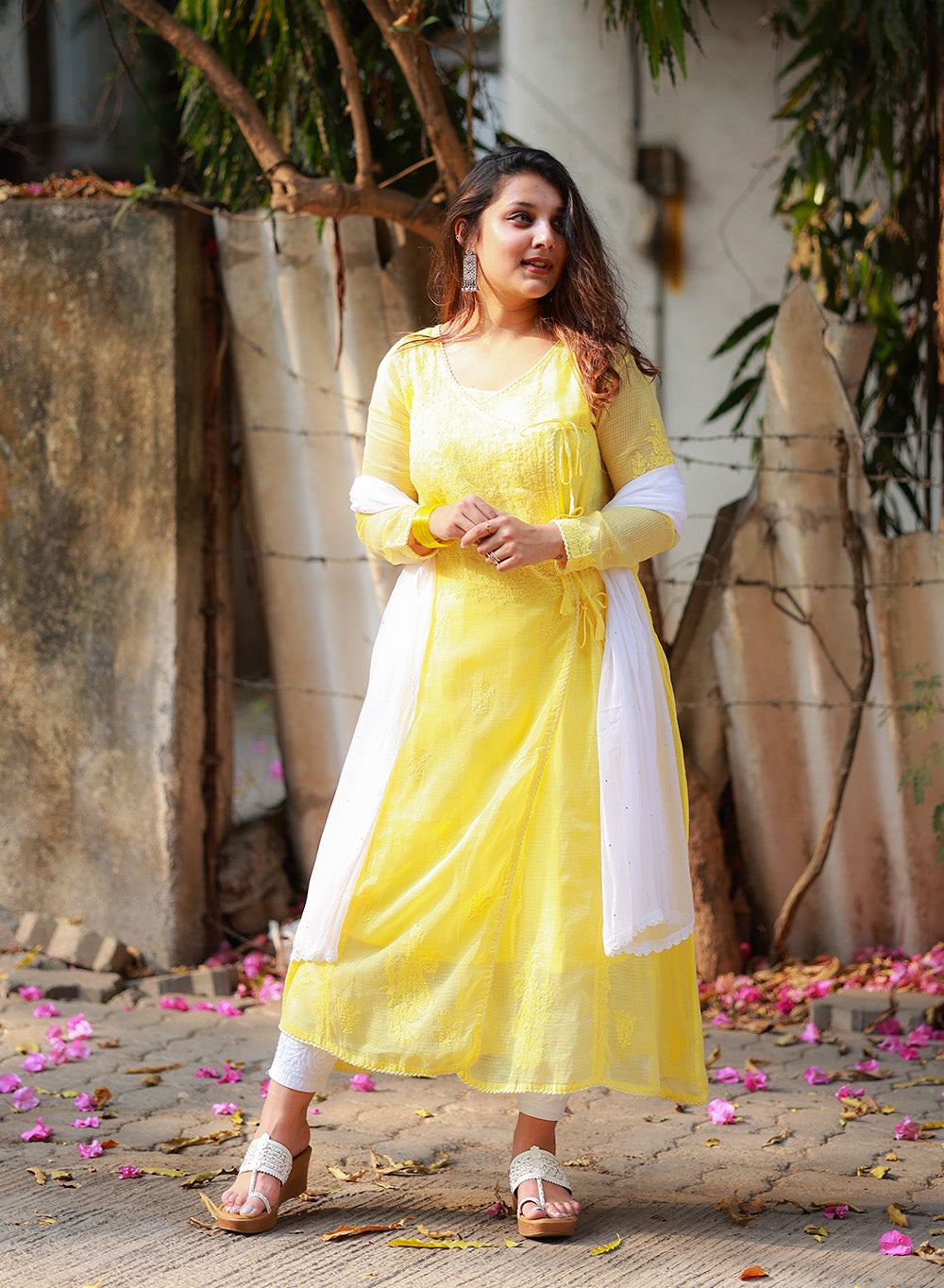 Sama Yellow - Hand-Embroidered Chikankari Kota Doria Angarakha