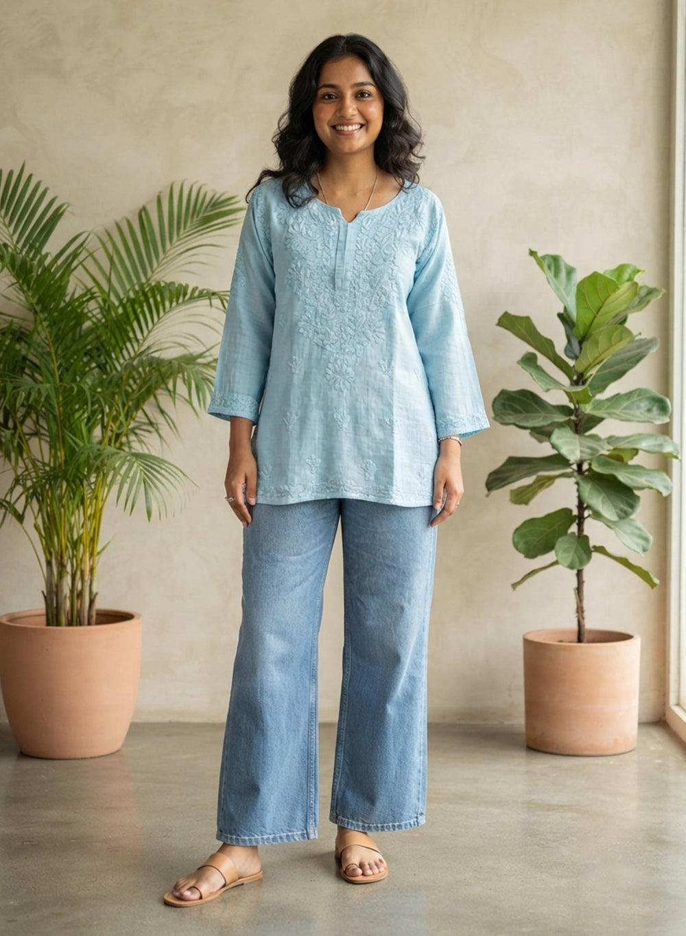 Powder Blue - Gulshan Linen Cotton Double Layered Chikankari Short Top
