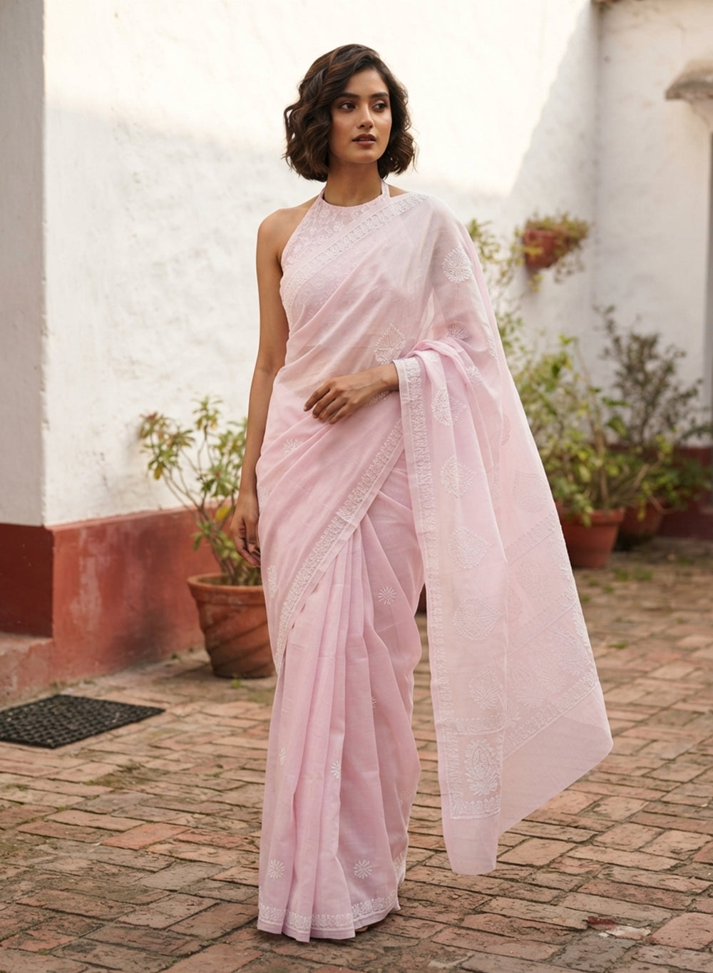 Baby Pink - Cotton Terry Voile Aks Chikankari Saree