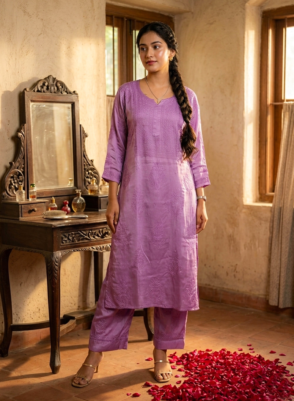 Seher Lavender - Nargis Satin Chikankari Kurta & Palazzo Set