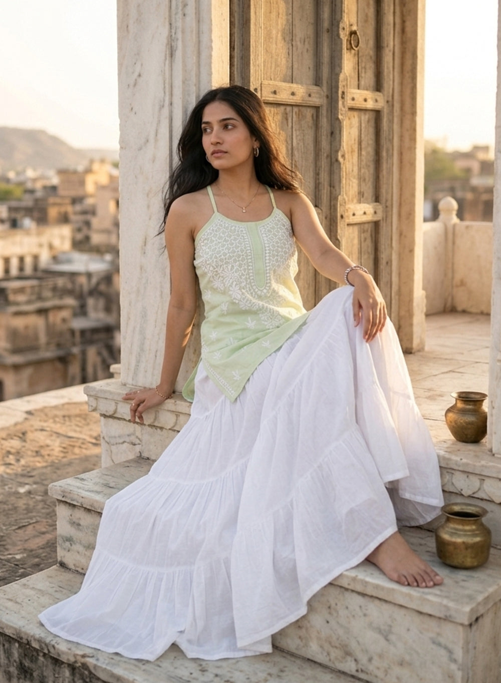 Zoya Pista Green – Cotton Chikankari Noodle Strap Short Top