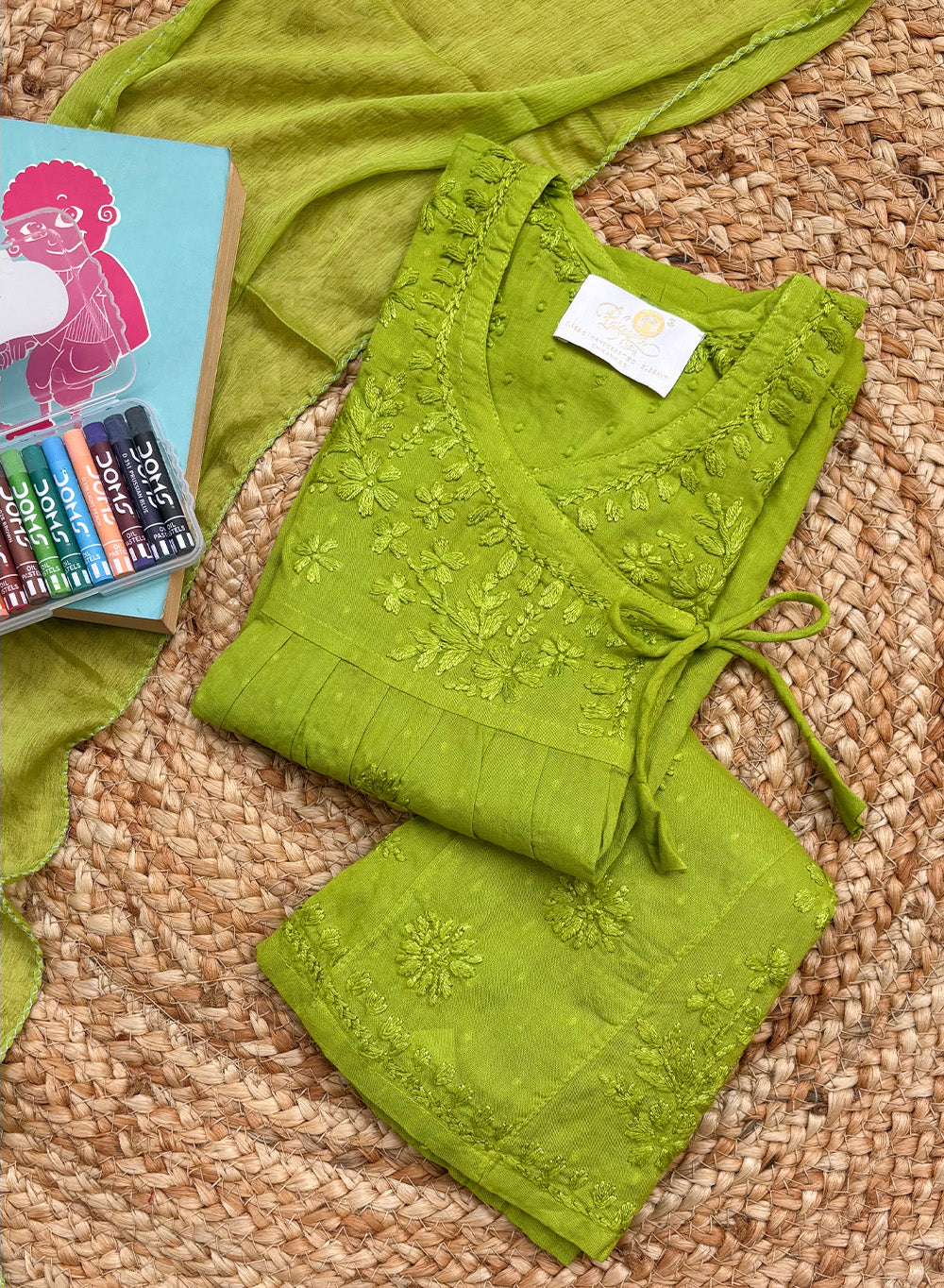 Kuhu Parrot Green - Dobby Cotton Chikankari Kidswear Set