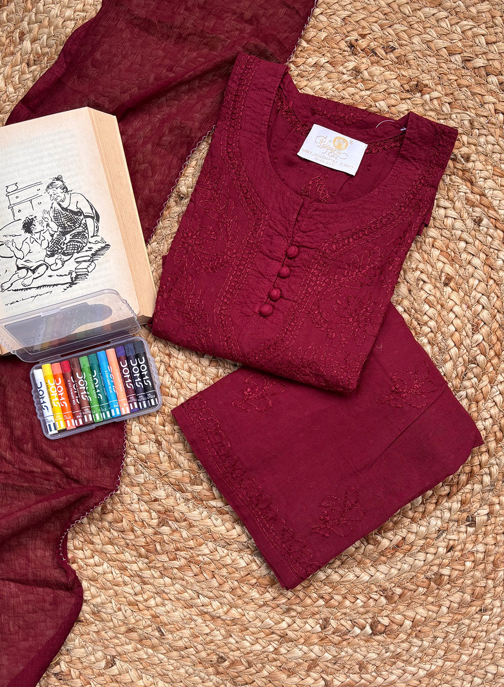 Pihu Maroon - Dobby Cotton Chikankari Kidswear Set