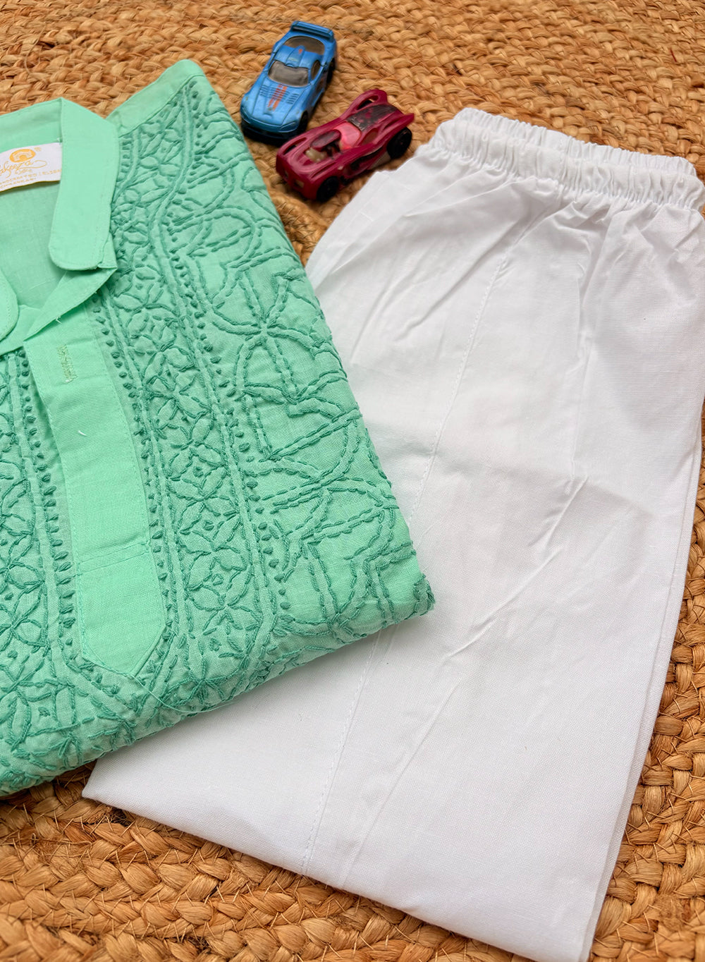 Turquoise Front Jaal - Cotton Chikankari Kurta With Self Thread Work & Pajama