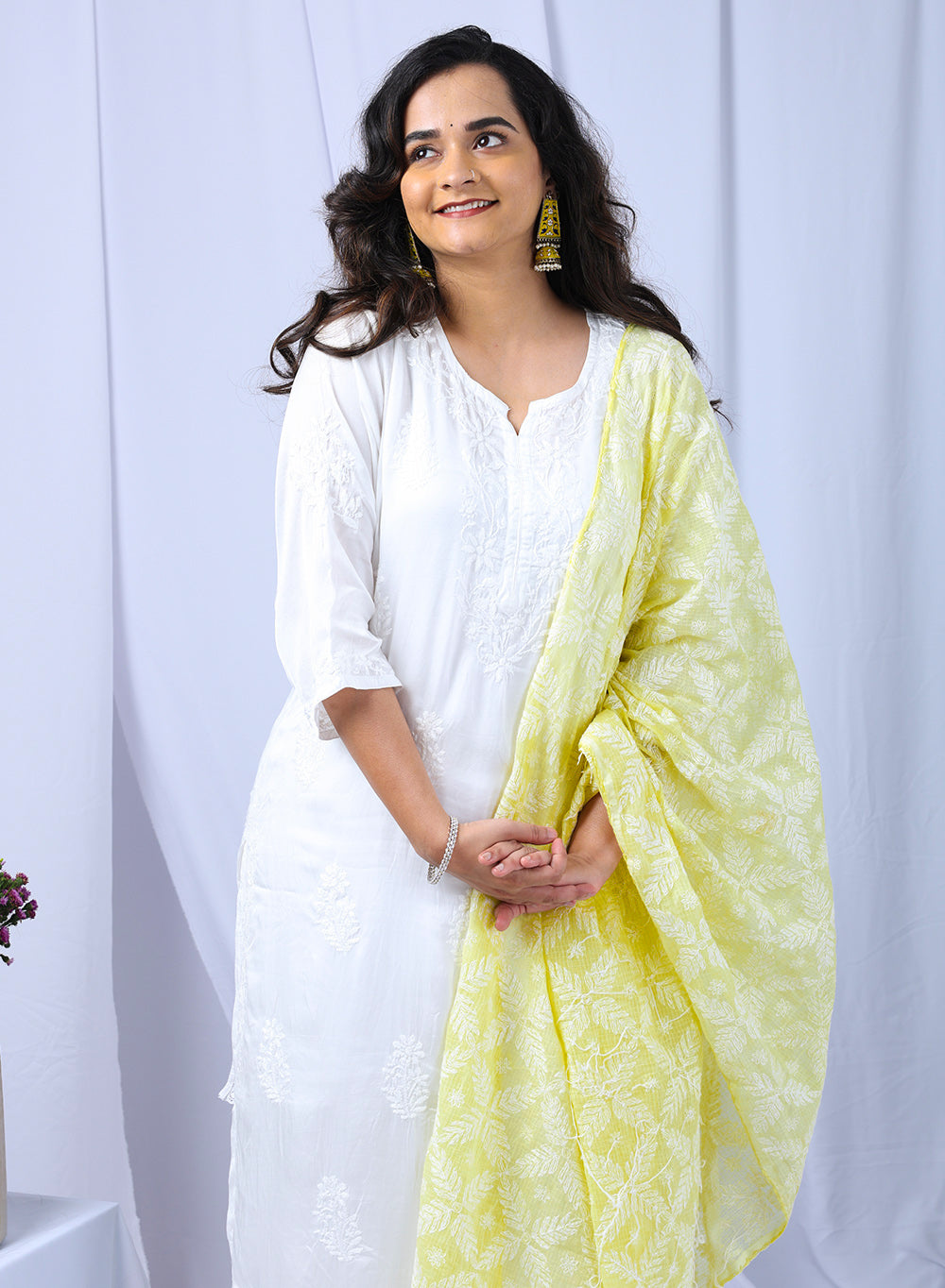 Light Yellow - Nazm Kota Cotton Chikankari Plain Border Dupatta