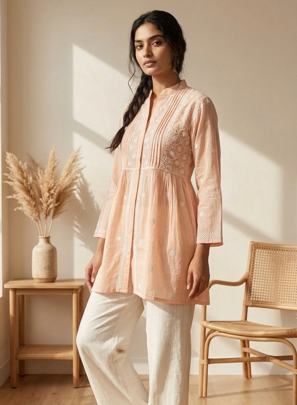Peach - Gulshan Mul Chanderi Chikankari Short Top