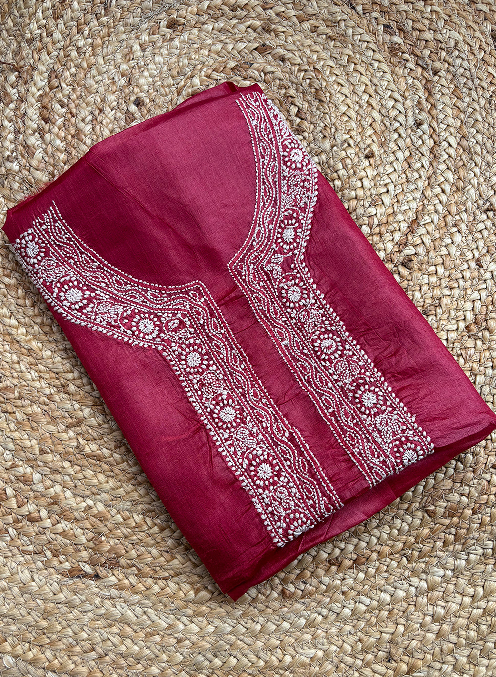 Maroon Unisex - Dhoop Kinaray Pure Tussar Silk Chikankari Kurta Fabric