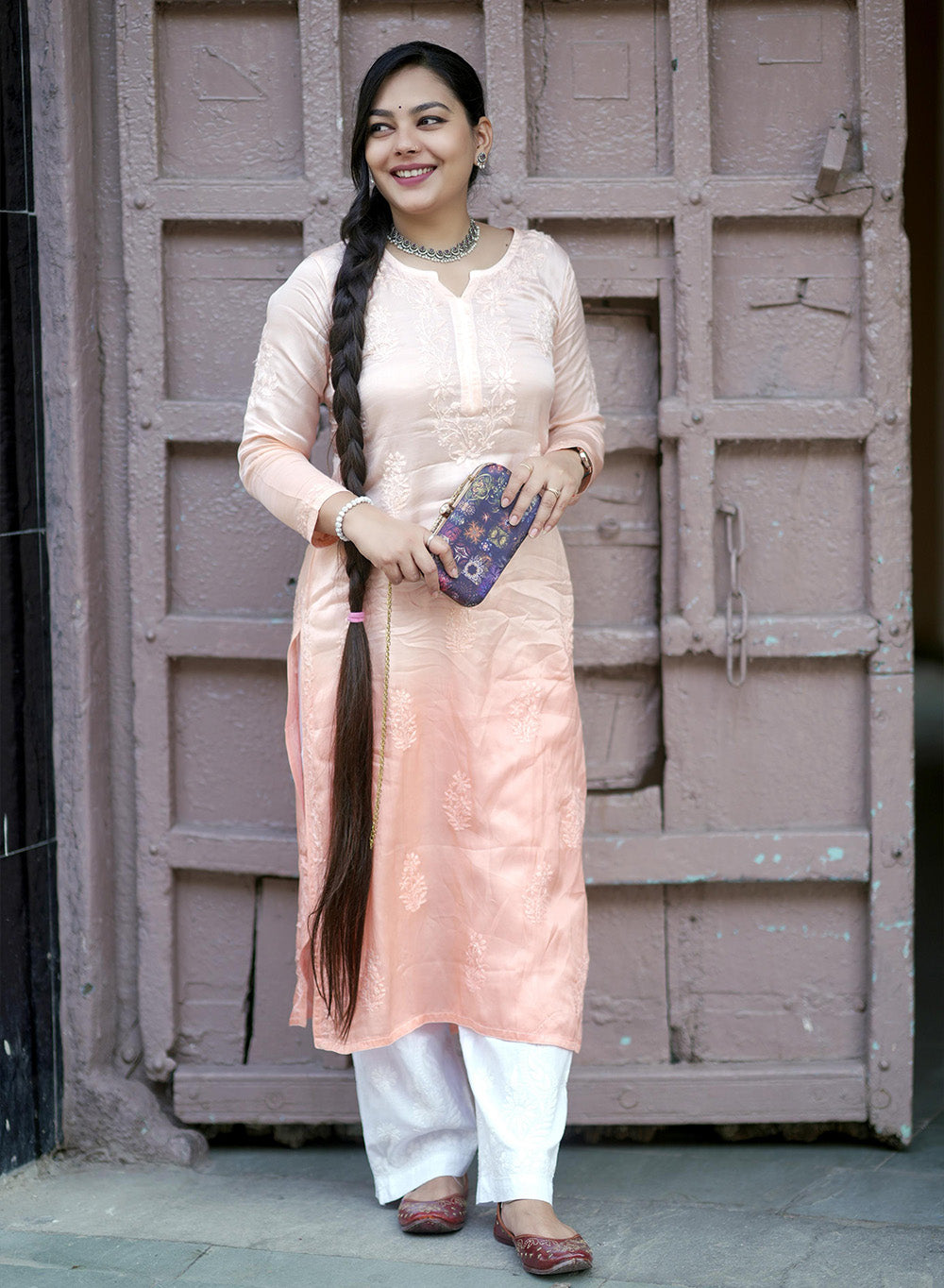 Meera Peach - Bahaar Satin Chikankari Ombre Kurta