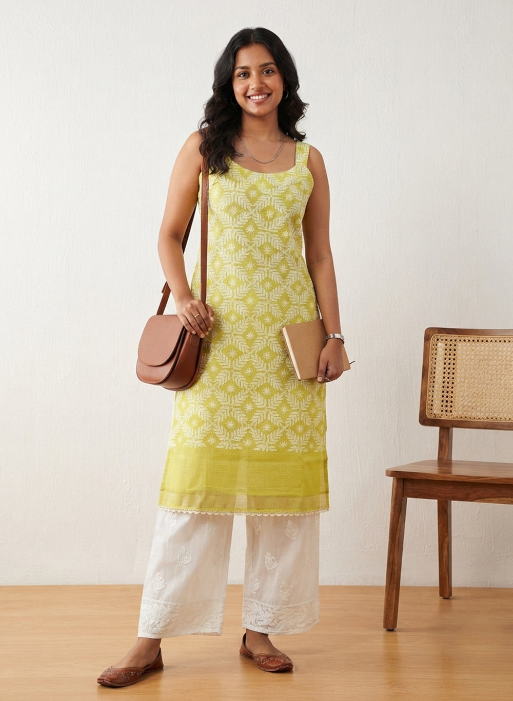 Surbhi Olive Green - Kota Tepchi Bahaar Noodle Strap Chikankari Kurta