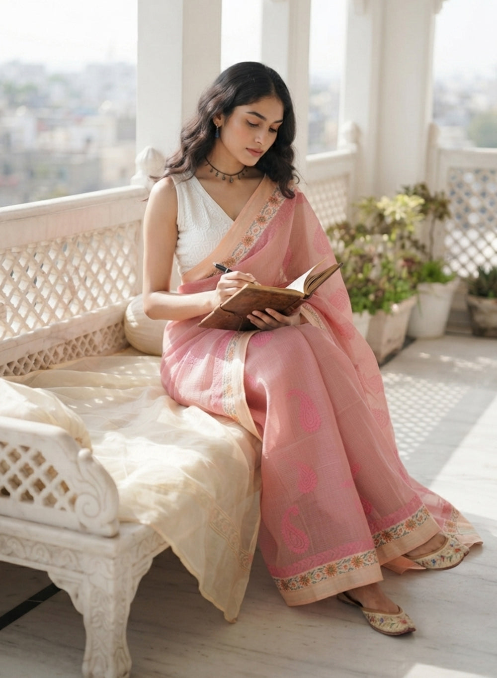 Carrot Pink Kota Chanderi - Aks Hand Embroidered Chikankari Saree