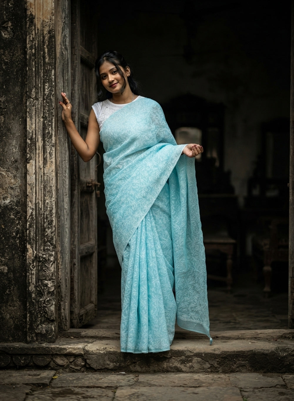 Shabnam Sky Blue - Aks Cotton Tepchi Chikankari Saree