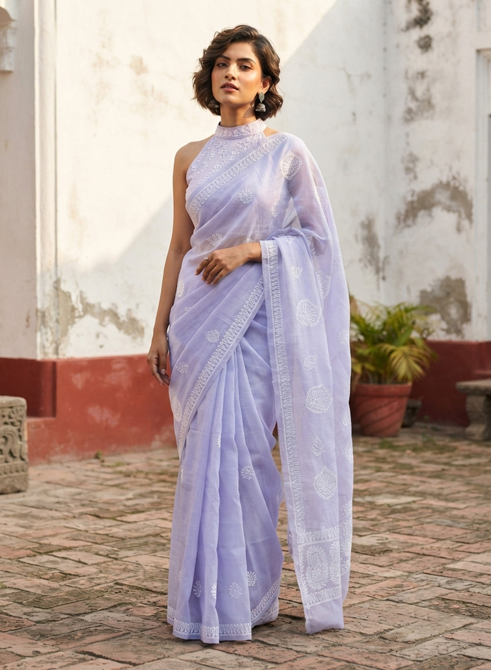 Lavender - Cotton Terry Voile Aks Chikankari Saree