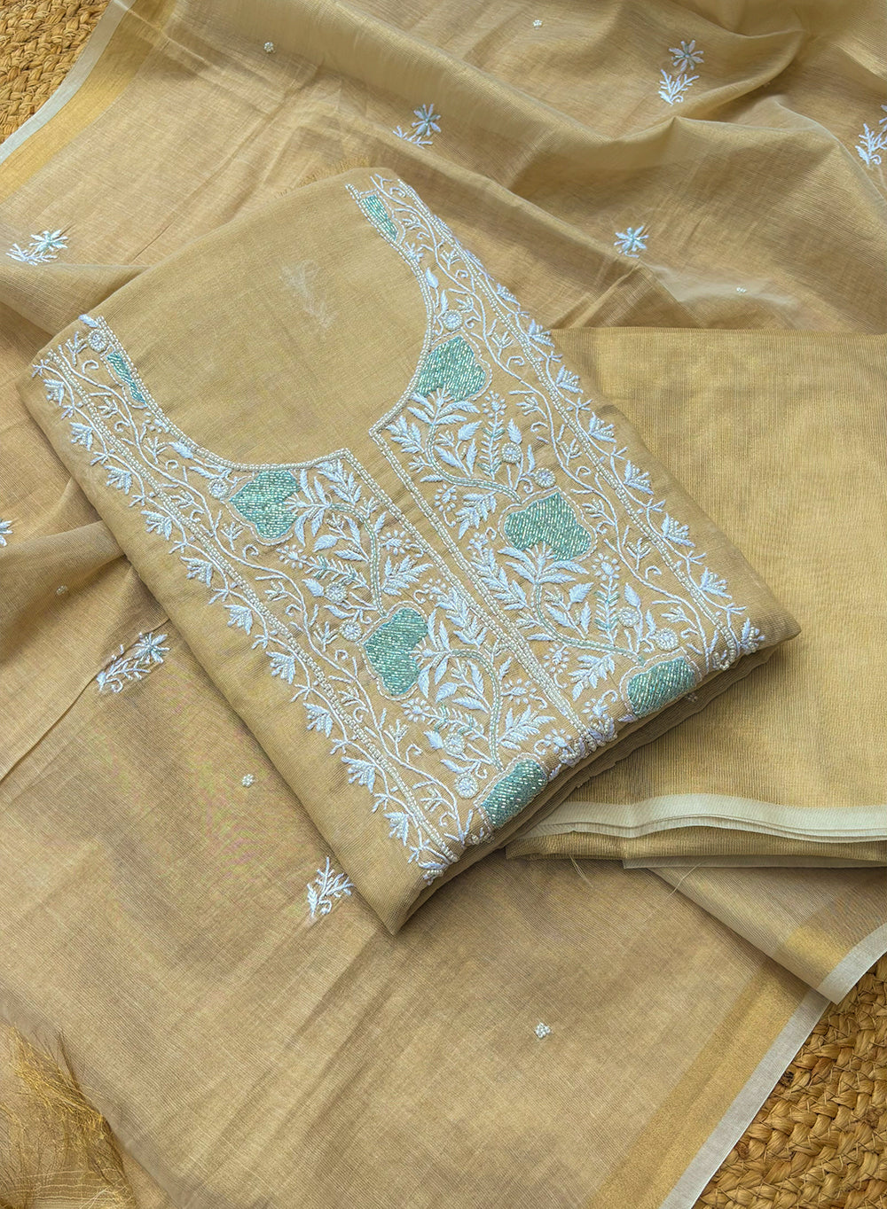 Golden & Blue - Nayaab Mul Chanderi Chikankari Dress Material With Moti & Katdana Work