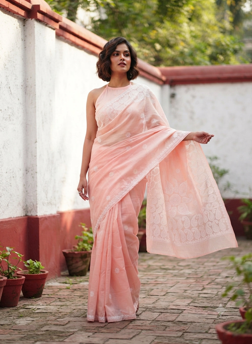 Peach - Cotton Terry Voile Aks Chikankari Saree