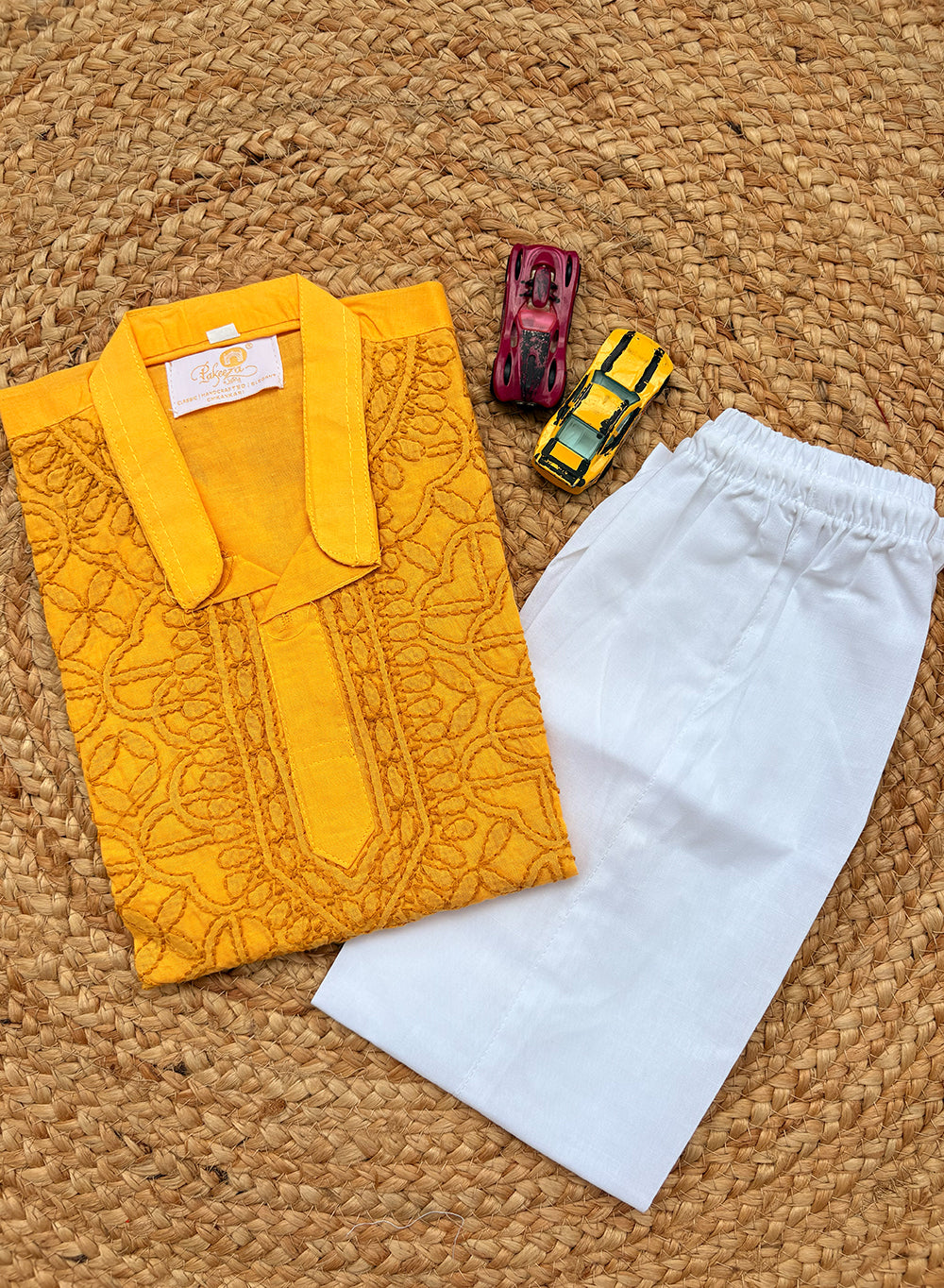 Mustard Yellow Front Jaal - Cotton Chikankari Kurta With Self Thread Work & Pajama