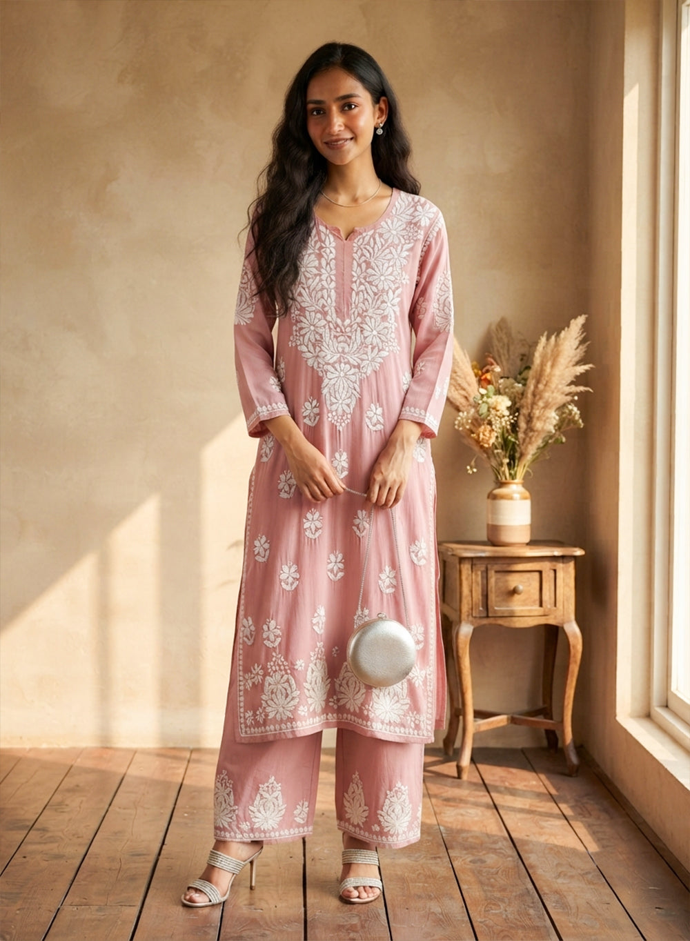 Dusky Pink - Modal Nargis Chikankari Co-ords Set With White Thread Embroidery