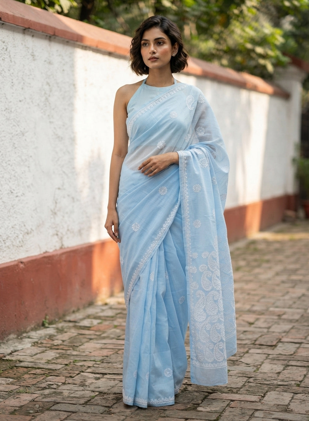 Sky Blue - Cotton Terry Voile Aks Chikankari Saree