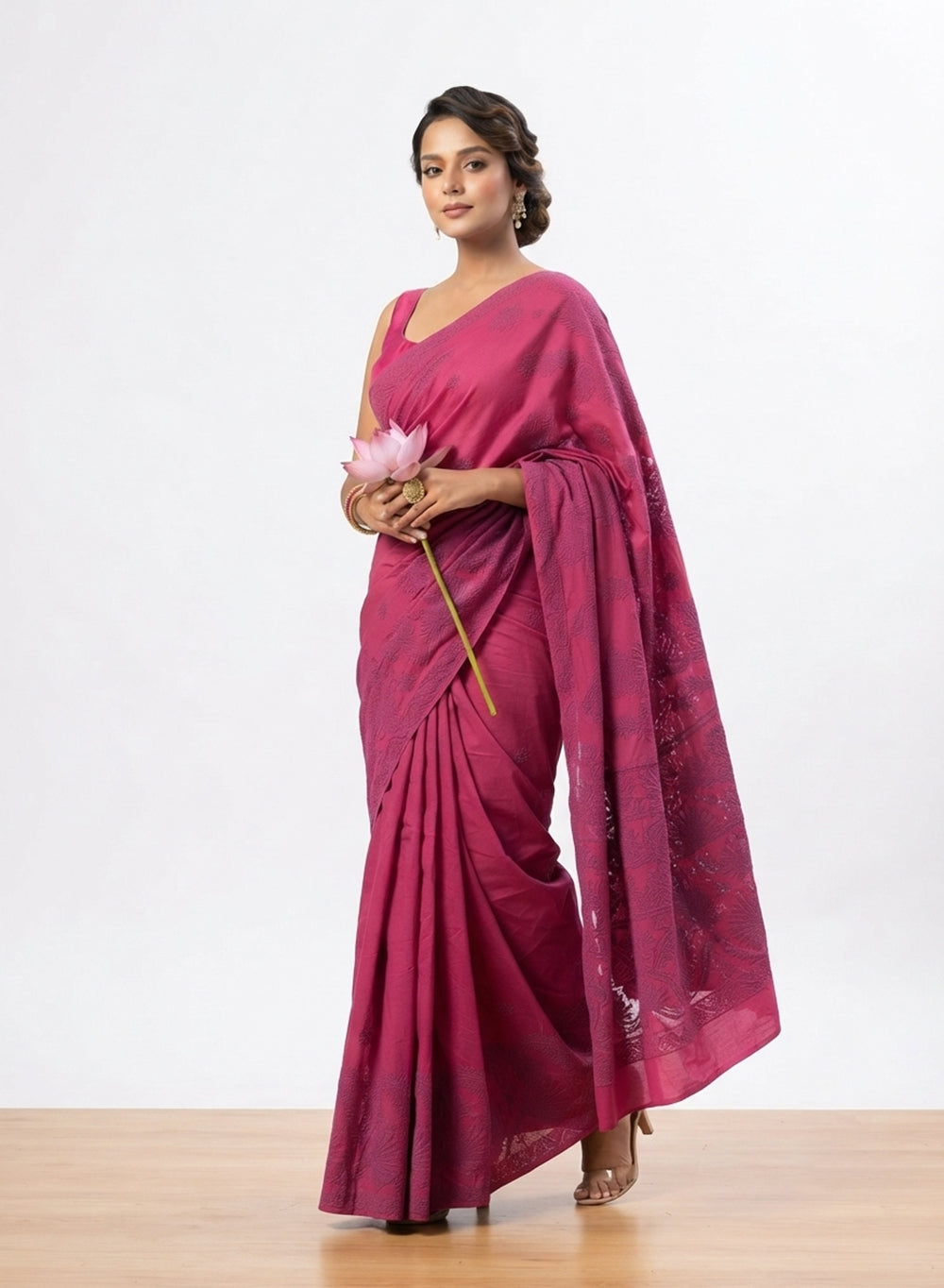 Magenta Pink - Aks Silk Chikankari Saree