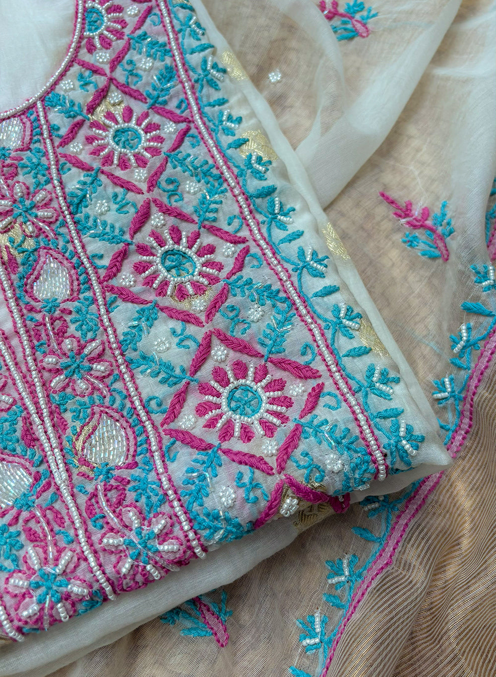 White, Pink & Blue - Nayaab Mul Chanderi Chikankari Dress Material With Moti & Katdana Work