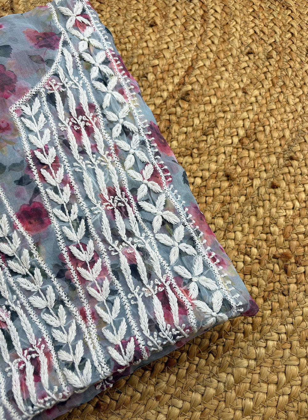 Multi Coloured Organza - Floral Printed Chikankari Kurta Fabric