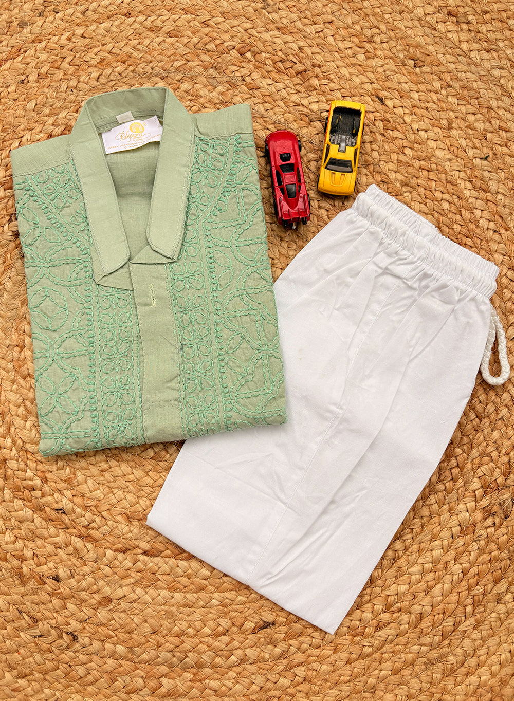 Olive Green Front Jaal - Cotton Chikankari Kurta With Self Thread Work & Pajama