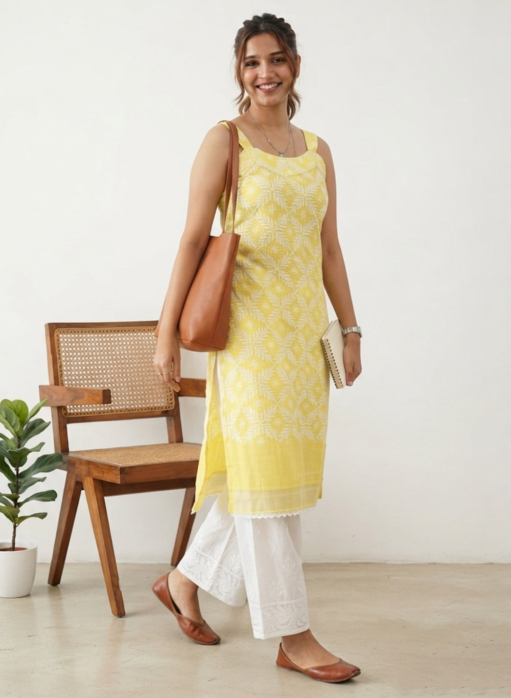 Surbhi Yellow - Kota Tepchi Bahaar Noodle Strap Chikankari Kurta