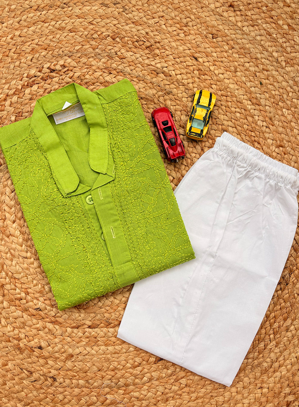 Parrot Green Front Jaal - Cotton Chikankari Kurta With Self Thread Work & Pajama