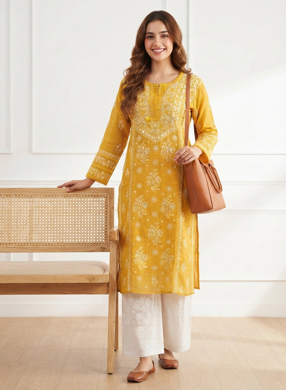 Khwaab Mustard - Bahaar Mul Chanderi Chikankari Kurta With Jaali Work