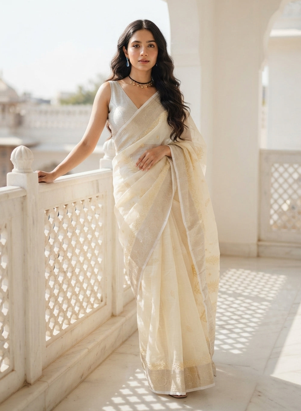 Off White Zari Kota Chanderi - Aks Hand Embroidered Chikankari Saree