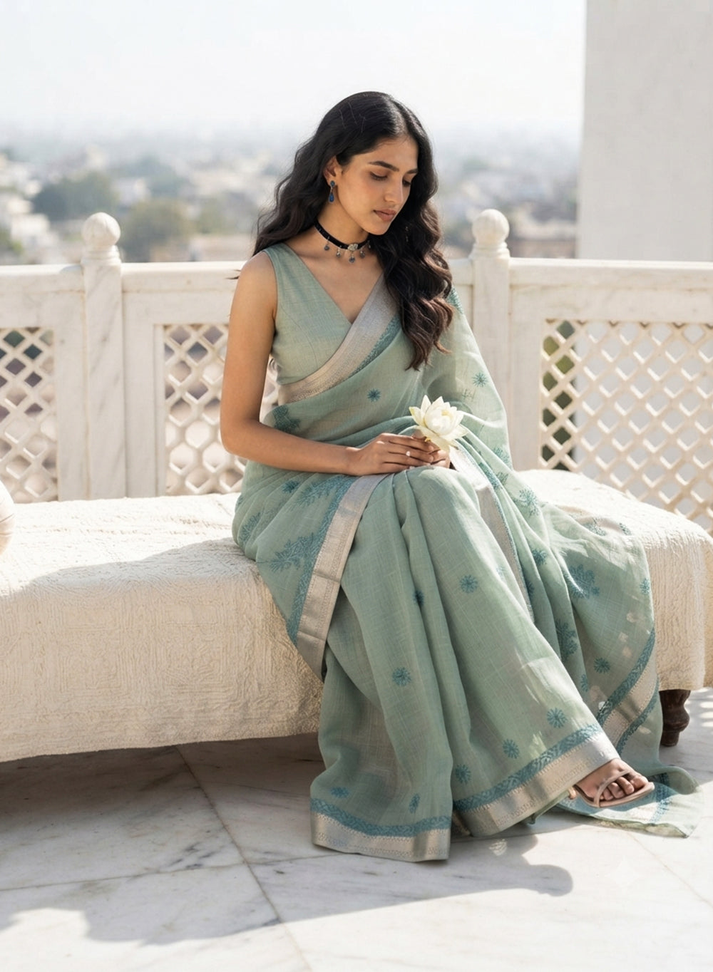 Teal Cotton Chanderi - Aks Hand Embroidered Chikankari Saree