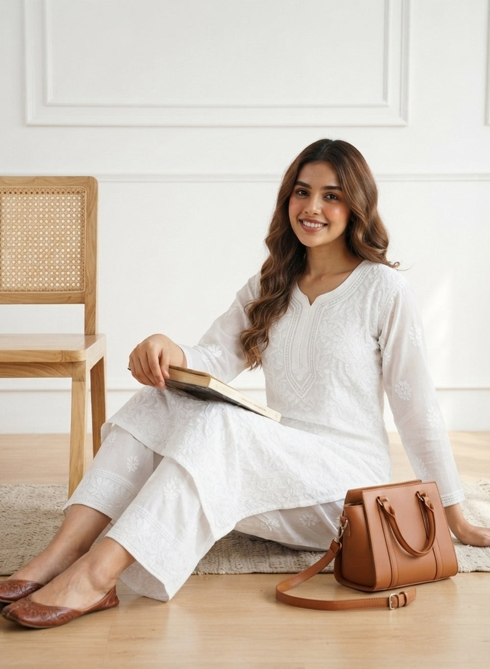 White - Anjuman Viscose Chikankari Kurta With Pearl & Katdana Work