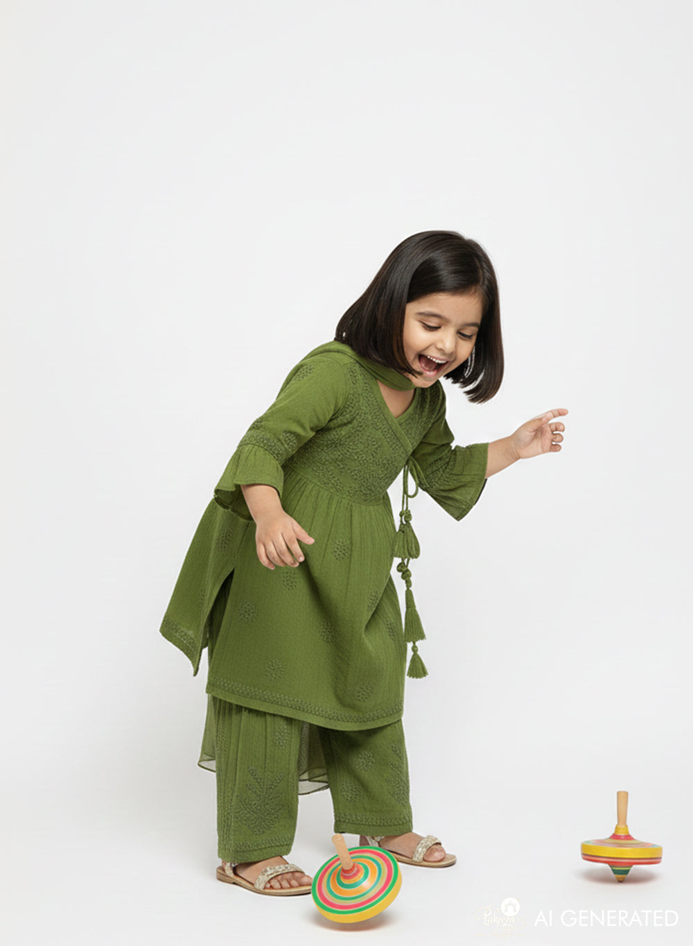 Kuhu Olive Green - Dobby Cotton Angarakha Style Chikankari Kidswear Set